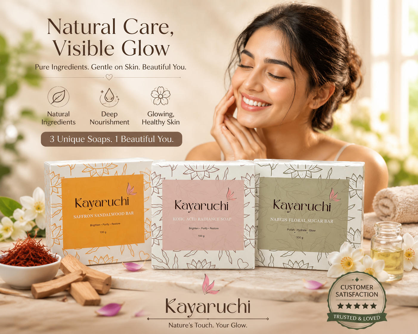 Kayaruchi Premium Herbal Soap Combo Pack (3 x 100g) | Kojic Acid, Saffron Sandalwood & Nargis Floral Sugar Bar