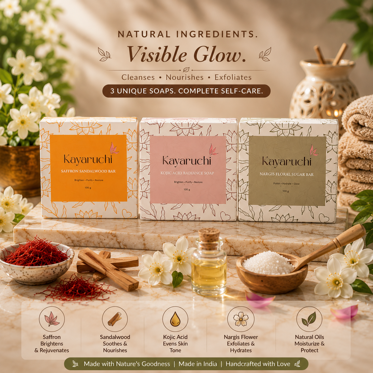 Kayaruchi Premium Herbal Soap Combo Pack (3 x 100g) | Kojic Acid, Saffron Sandalwood & Nargis Floral Sugar Bar - Image 2