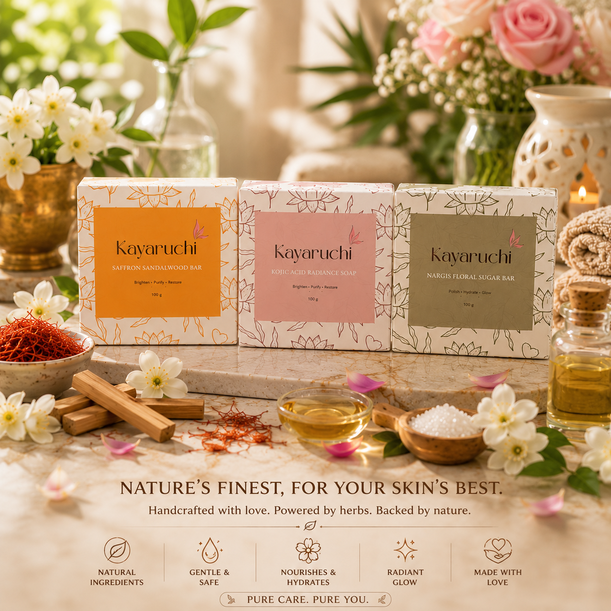 Kayaruchi Premium Herbal Soap Combo Pack (3 x 100g) | Kojic Acid, Saffron Sandalwood & Nargis Floral Sugar Bar - Image 4