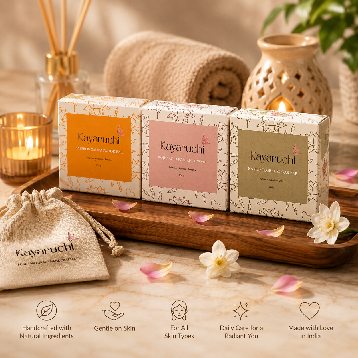 Kayaruchi Premium Herbal Soap Combo Pack (3 x 100g) | Kojic Acid, Saffron Sandalwood & Nargis Floral Sugar Bar - Image 8