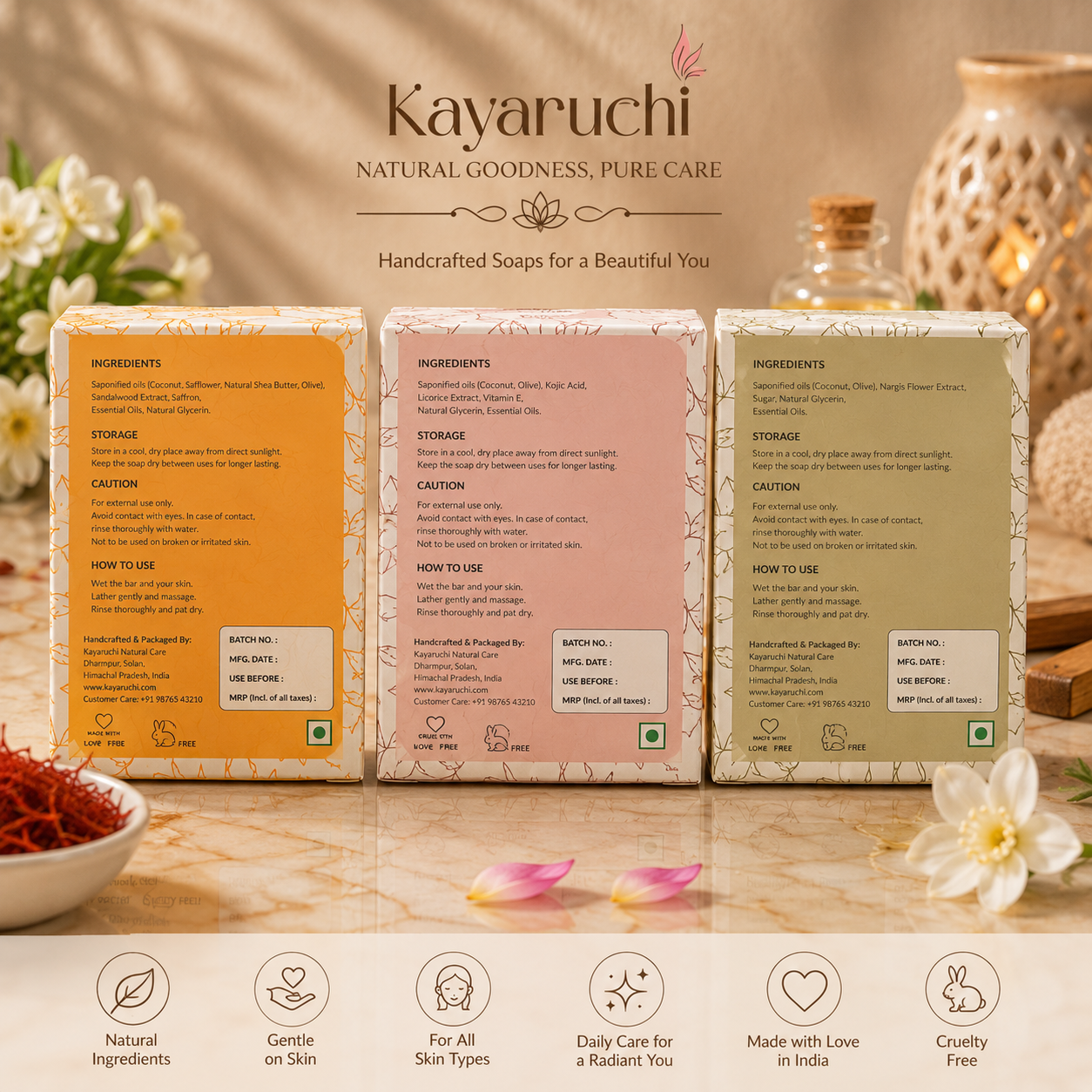 Kayaruchi Premium Herbal Soap Combo Pack (3 x 100g) | Kojic Acid, Saffron Sandalwood & Nargis Floral Sugar Bar - Image 9